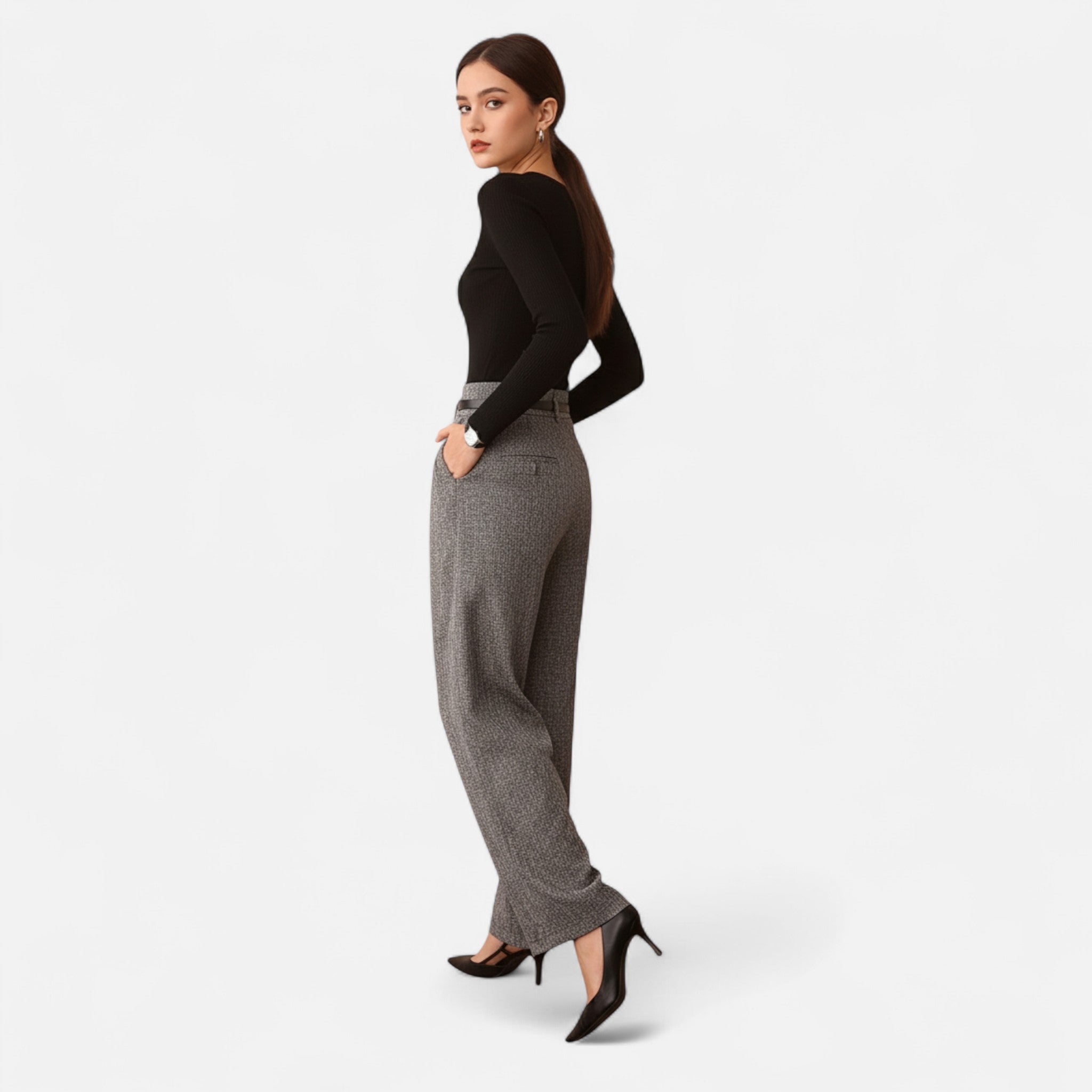 Renvieri | Pantalon Taille Haute Gris – Élégance Structurée