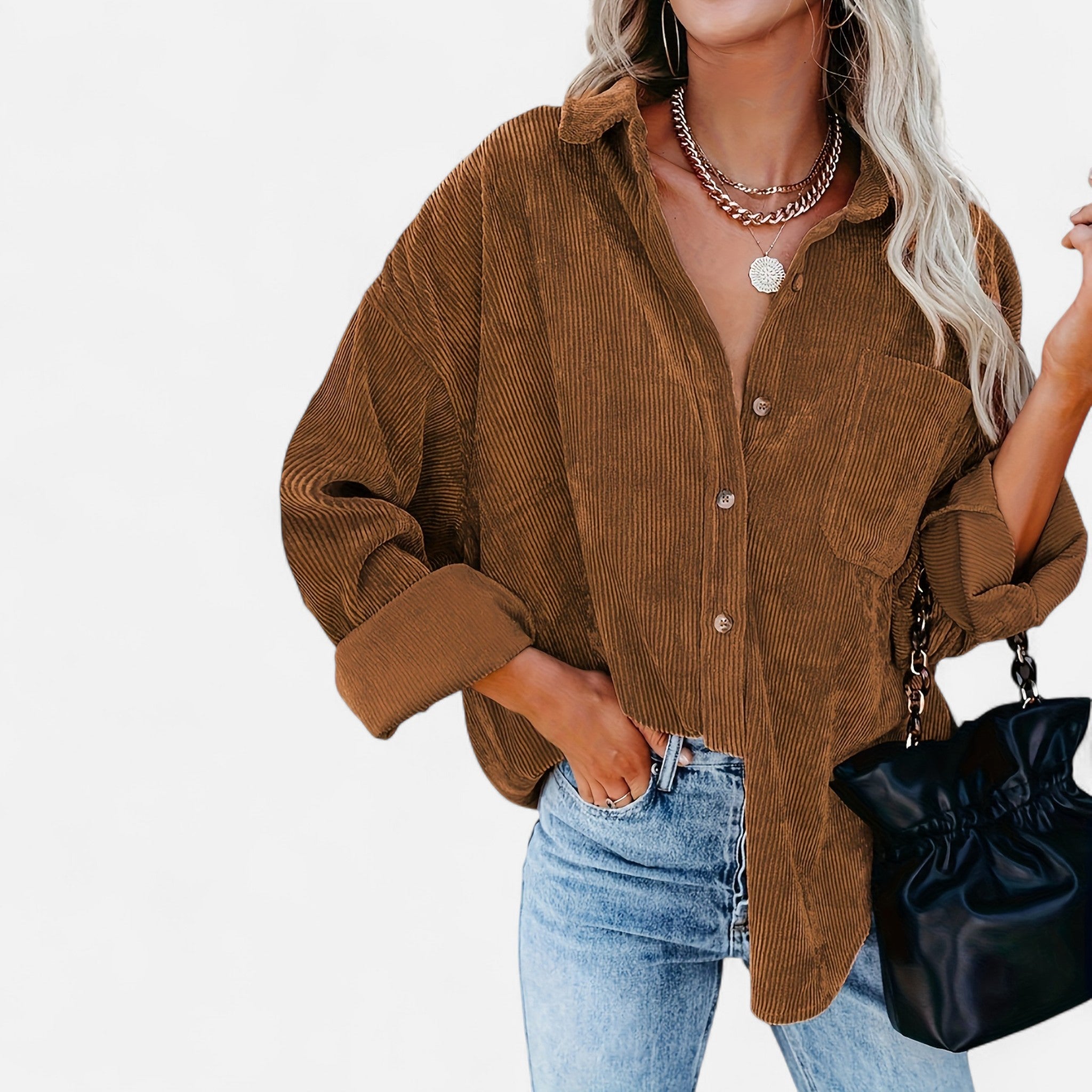 Renvieri | Surchemise Femme Oversize en Velours Côtelé – Élégance Décontractée