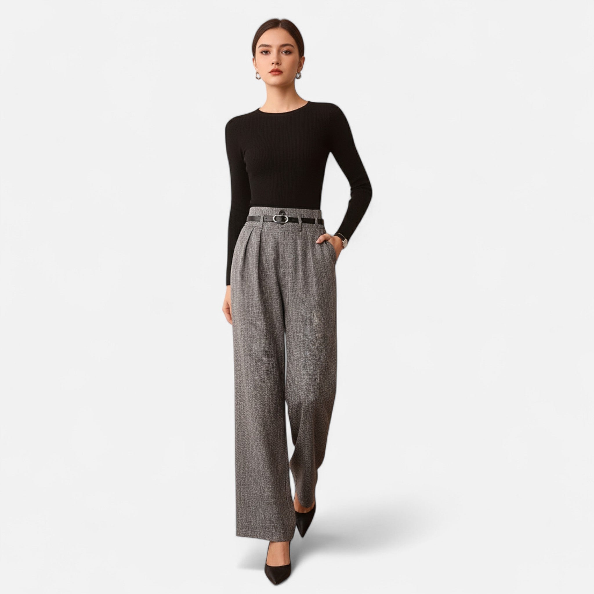 Renvieri | Pantalon Taille Haute Gris – Élégance Structurée